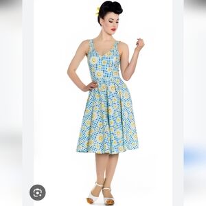 Hell Bunny Retro Floral Fit-and-Flare Dress in Light Blue and Yellow Size S